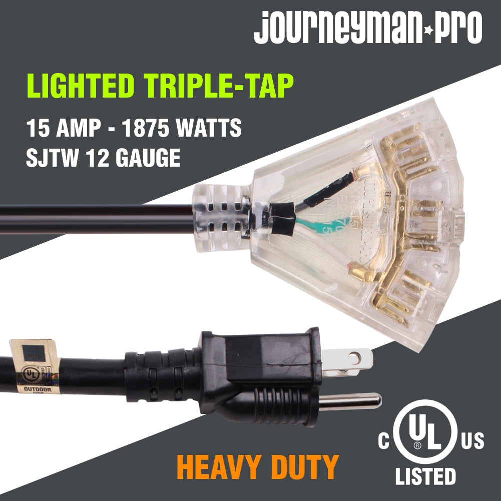 Lighted Outdoor Extension Cord 3 Outlets 12/3 SJTW Heavy Duty Black Cable 3 Prong Grounded Plug 15 AMP 15 Foot P735