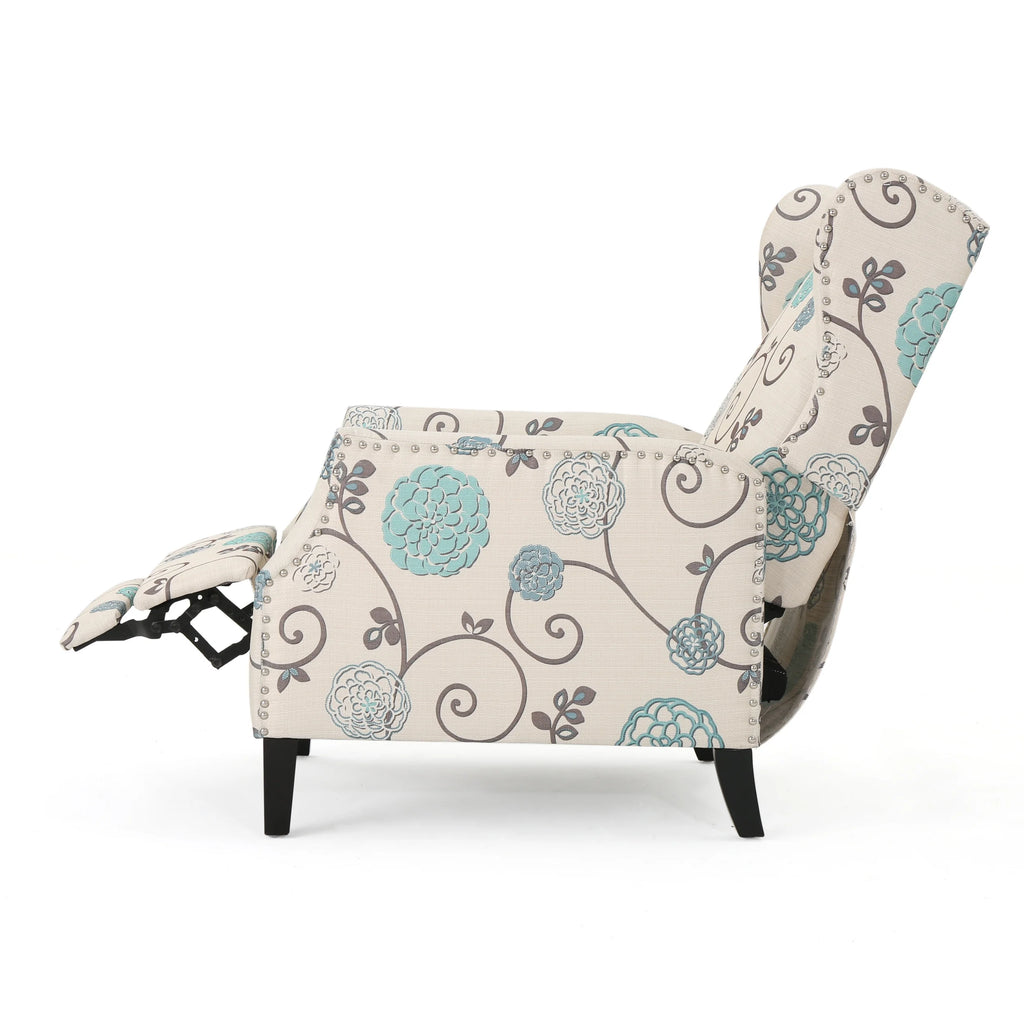 White and Blue Fabric Wing Back Recliner M18865