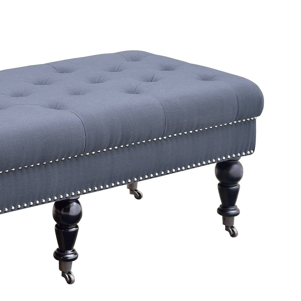 Black and Blue Button Tufted Bench with Caster Wheels H488