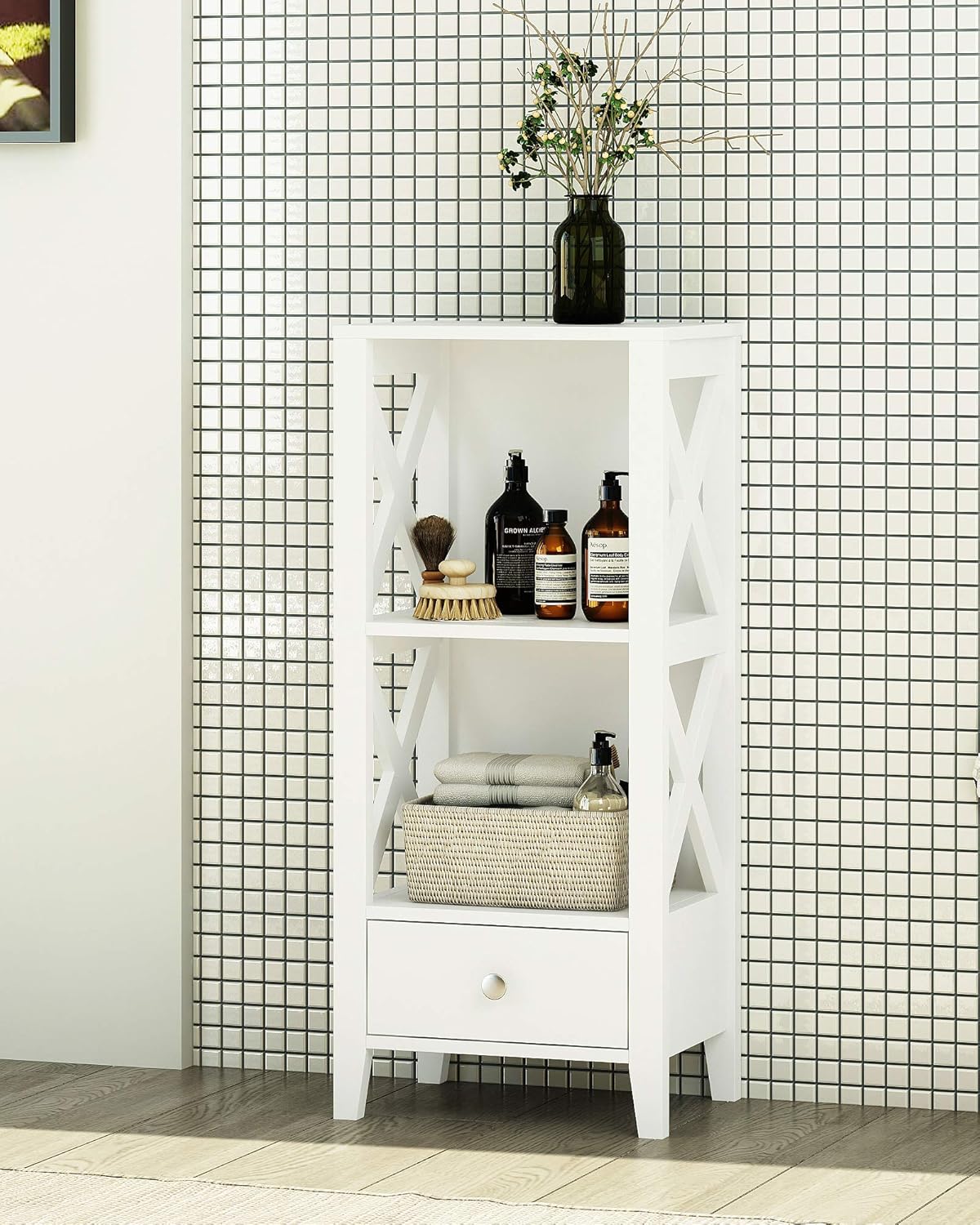 White 3-Shelf Bathroom Storage Tower with Single Drawers H534