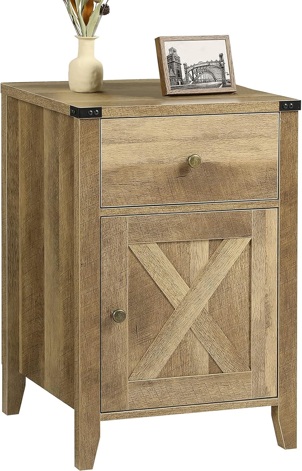 Rustic Oak End Table with Cabinet and Drawer C4238