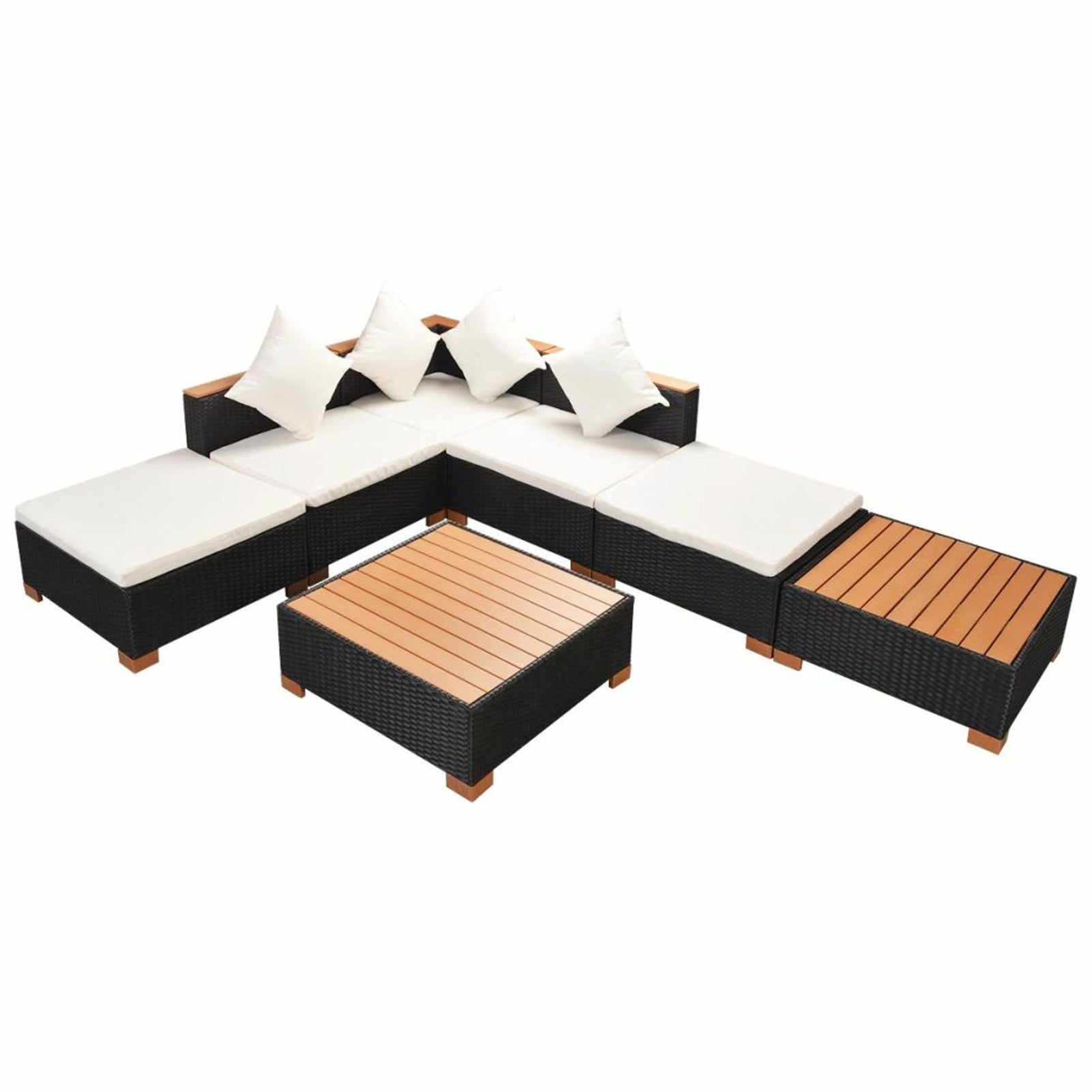 7 Piece Outdoor Sectional Sofa Set with Coffee Table and Ottoman Black Poly Rattan U7953