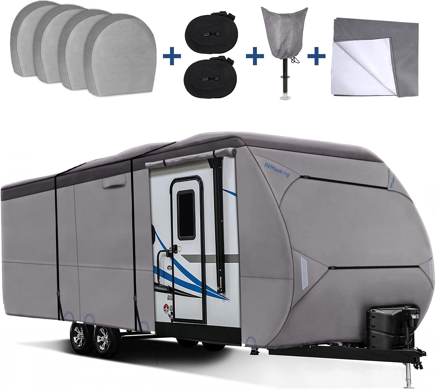 Upgraded Waterproof 500D Travel Trailer Cover with 4 Tire Covers, Tongue Jack Cover D9820