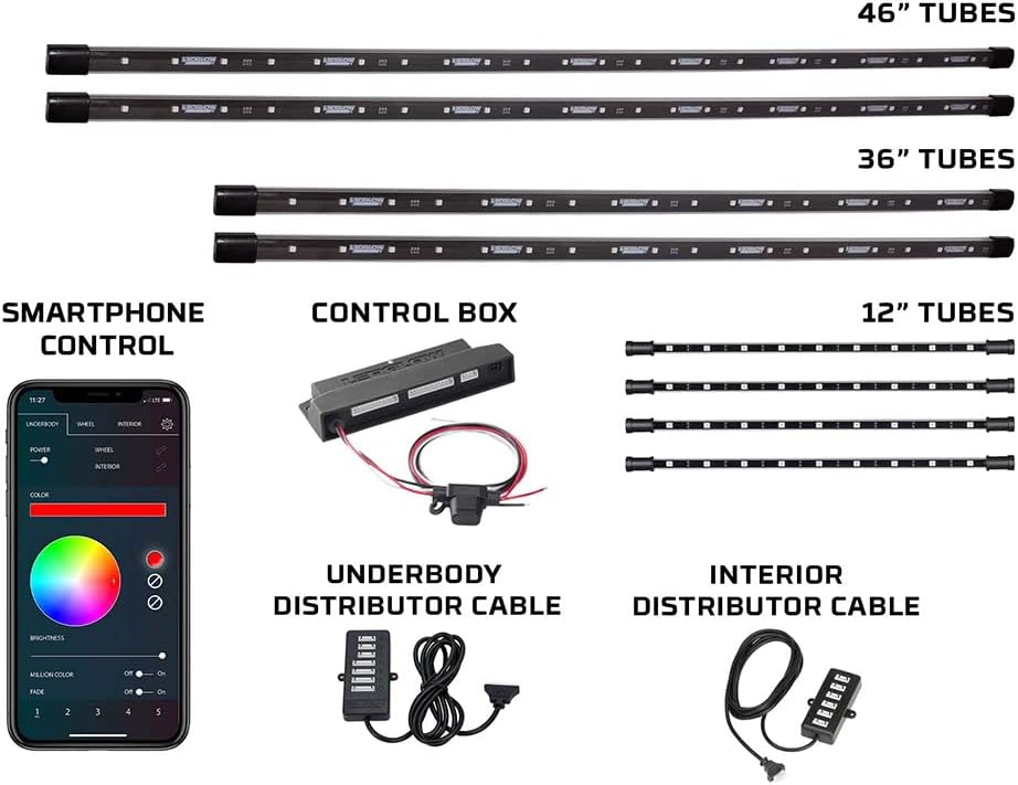 4pc Bluetooth LED Underbody Underglow Kit with Interior Footwell Accent Lighting S13443