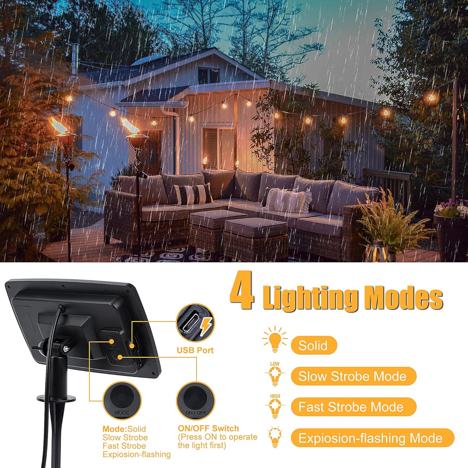 Solar String Lights 15+2 LED Bulbs Waterproof 2700K USB Rechargeable F225649