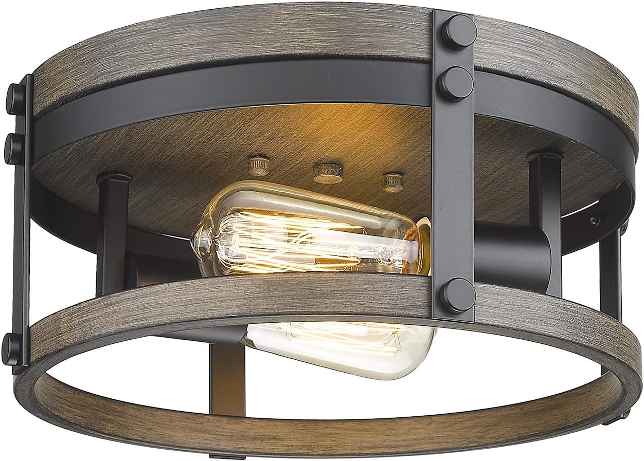 2-Light Farmhouse Flush Mount Ceiling Light, 12 inch, Round Cage, Black & Wood Grain Texture Finish O530