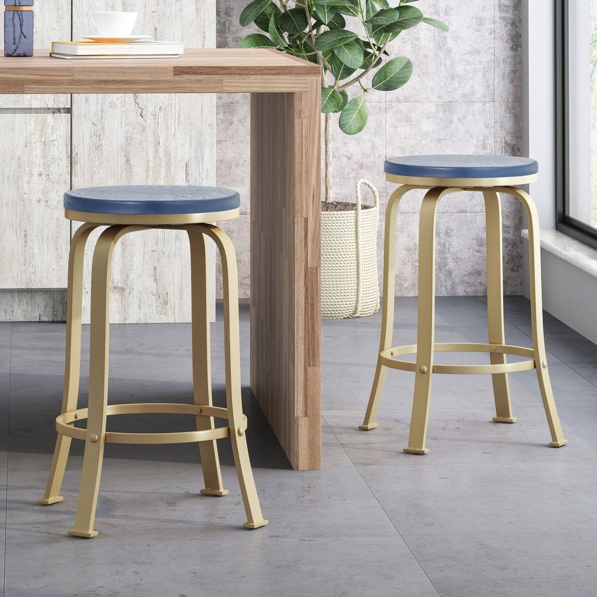 Blue / Gold Swiveling Counter Stool Set of 2 Z66224