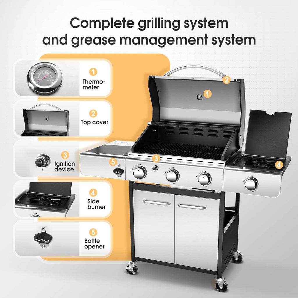 Stainless Steel 3-Burner Propane Gas Grill with Side Burner E65345