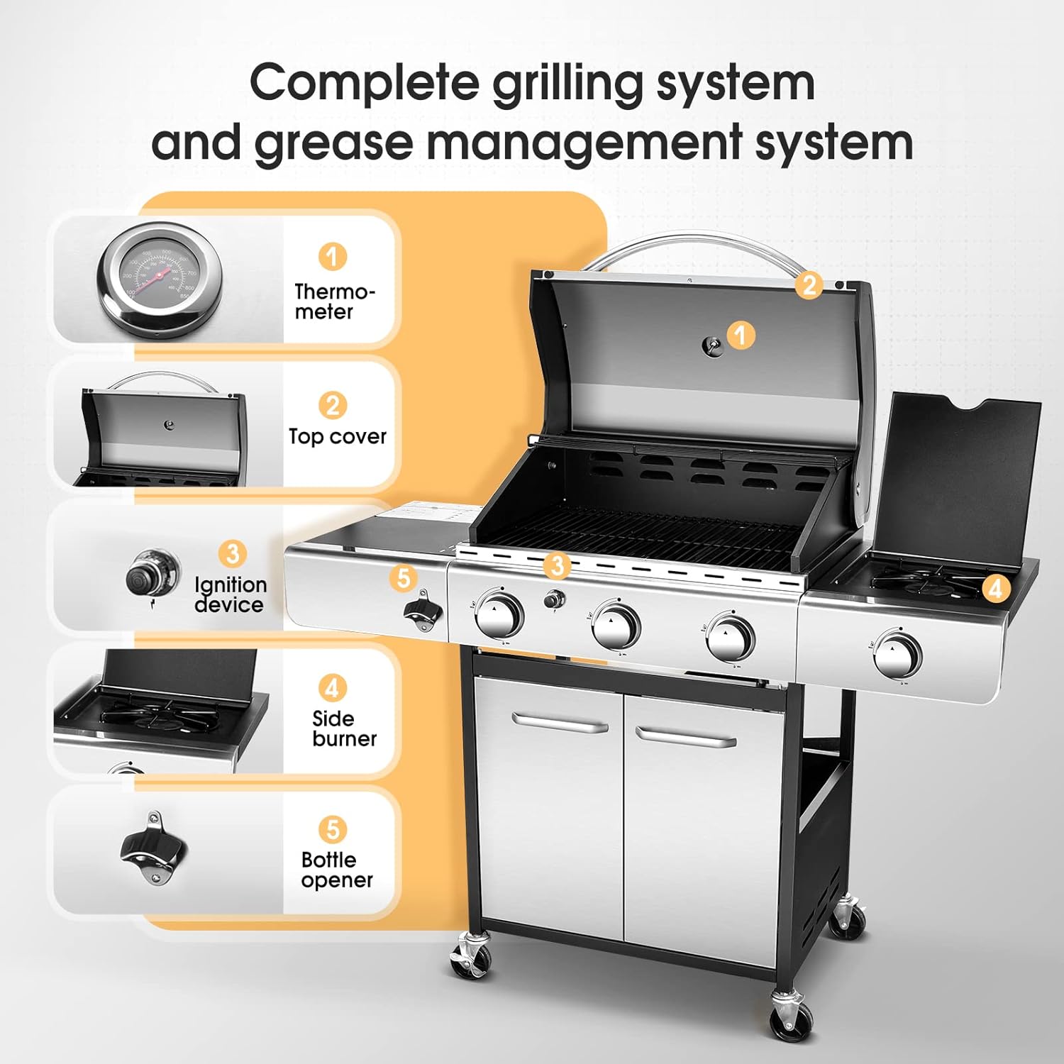 Stainless Steel 3-Burner Propane Gas Grill with Side Burner E65345