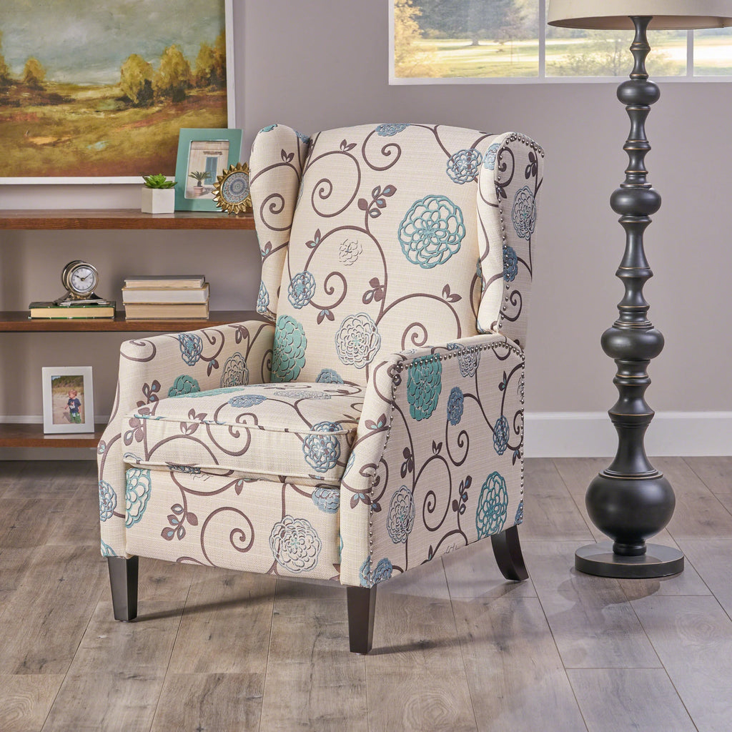 White and Blue Fabric Wing Back Recliner M18865