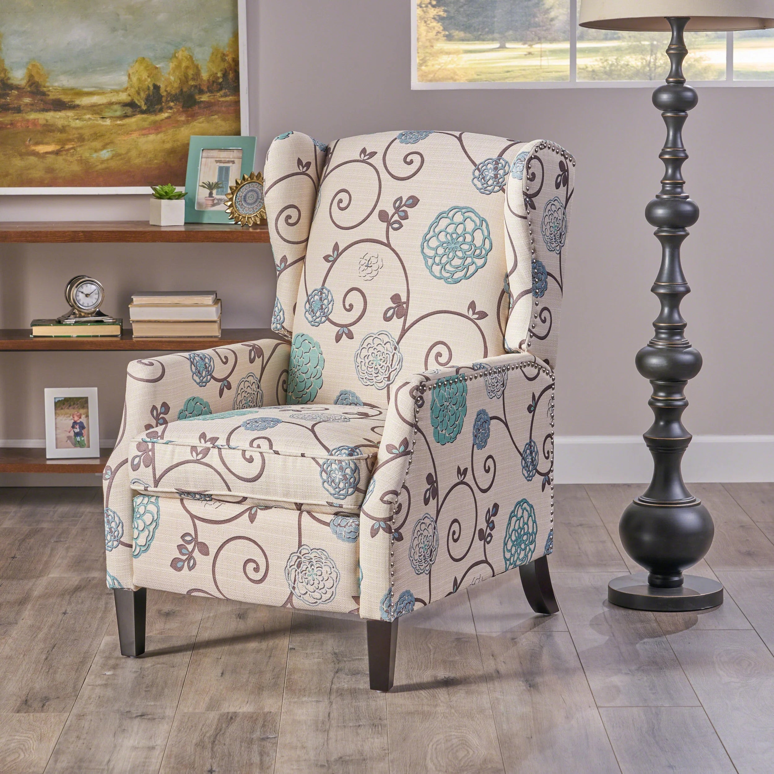 White and Blue Fabric Wing Back Recliner M18865