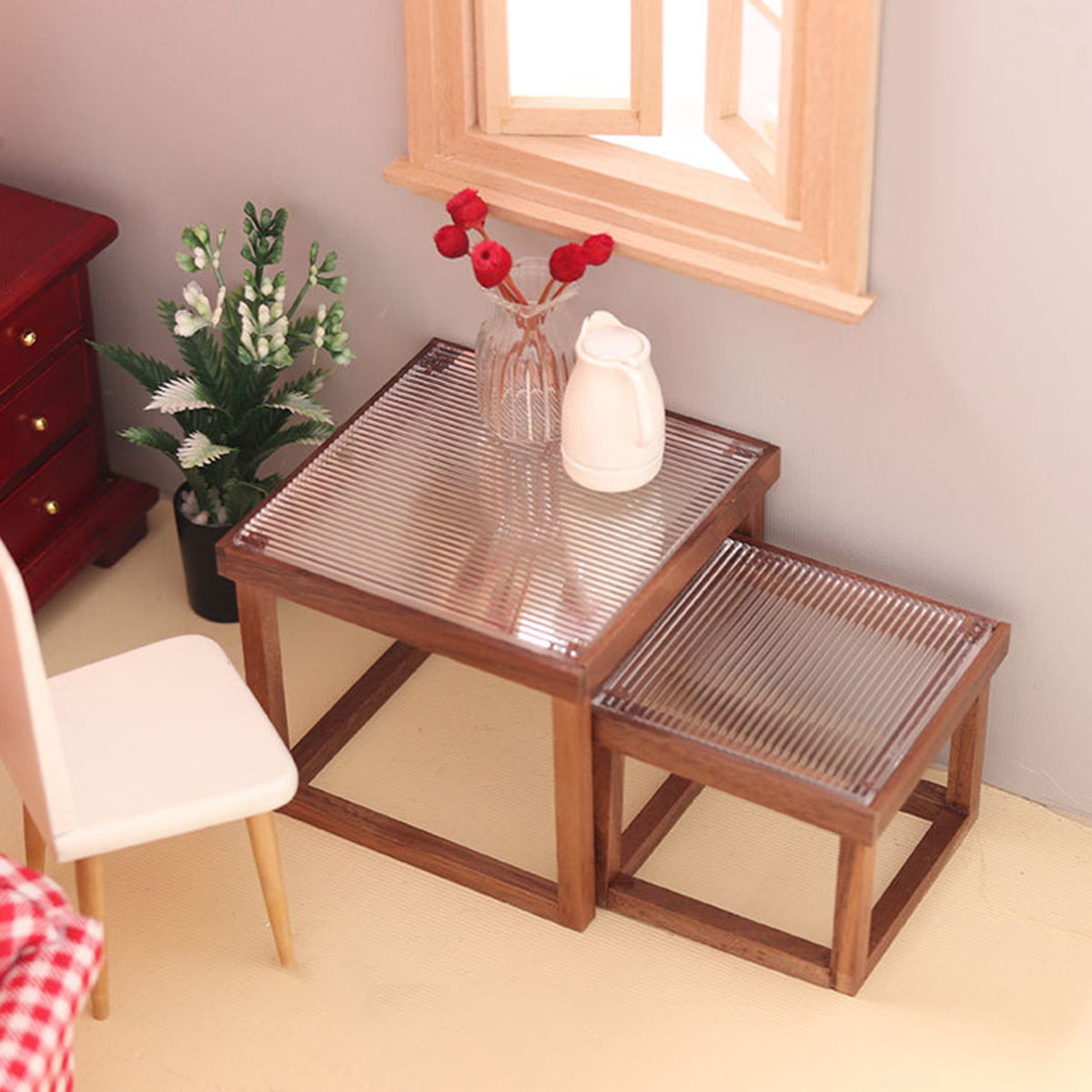 Mini Table Acrylic Black Walnut Wood for 1/12 Doll House T2897