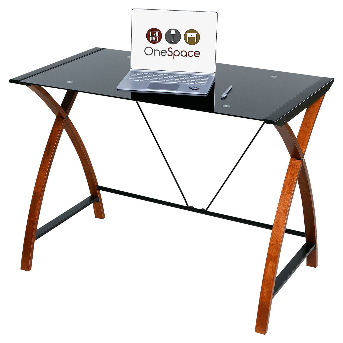 Black Glass and Wood Computer Desk A821133