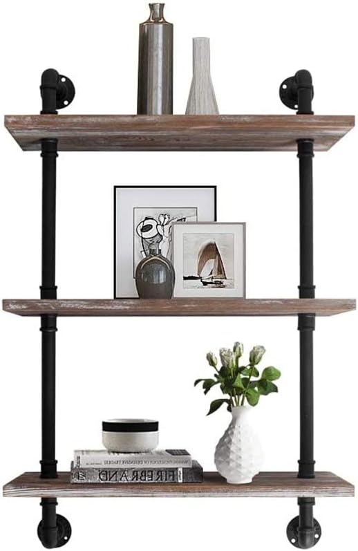Industrial Pipe Bookcase Shelf Retro Floating Wood Shelving, Weatherd Brown C263