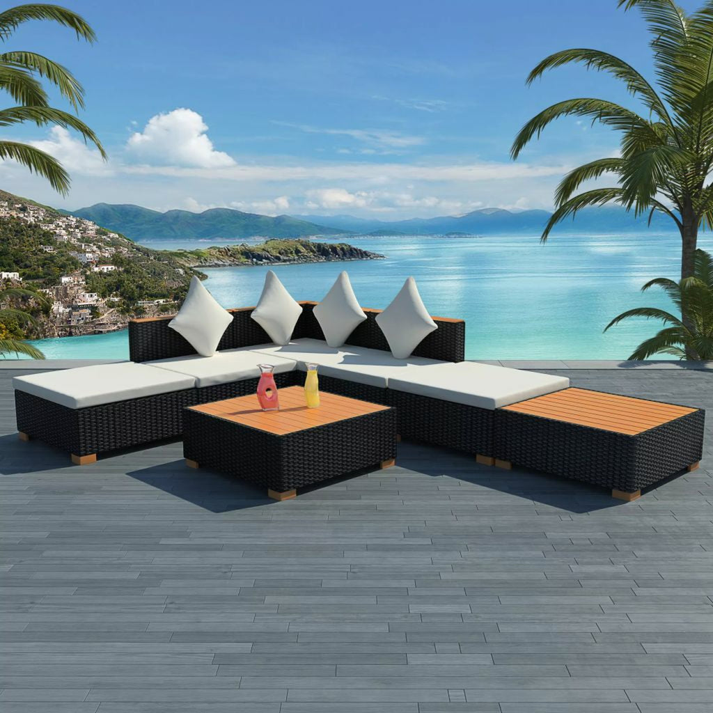 7 Piece Outdoor Sectional Sofa Set with Coffee Table and Ottoman Black Poly Rattan U7953