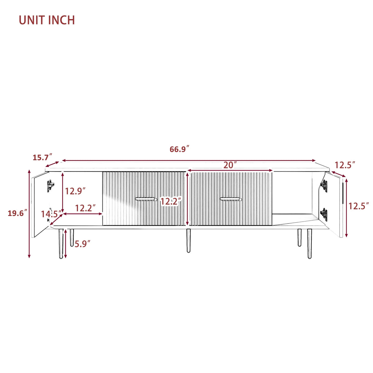 White Wood TV Stand with 5 Champagne Legs U621