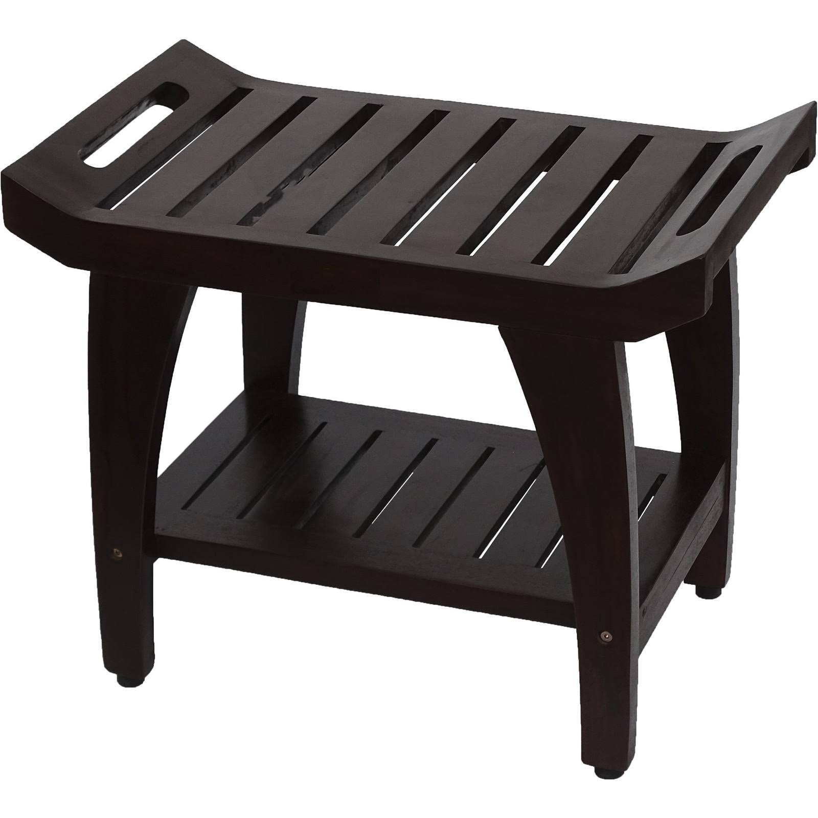 Teak Shower Bench with Shelf and Handles in Brown Finish W838773