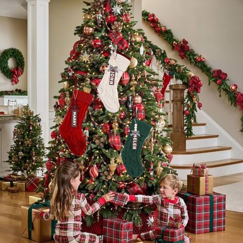 Set of 6 White Red Green 18" Cable Knitted Christmas Stockings with Wooden Name Tags D2479