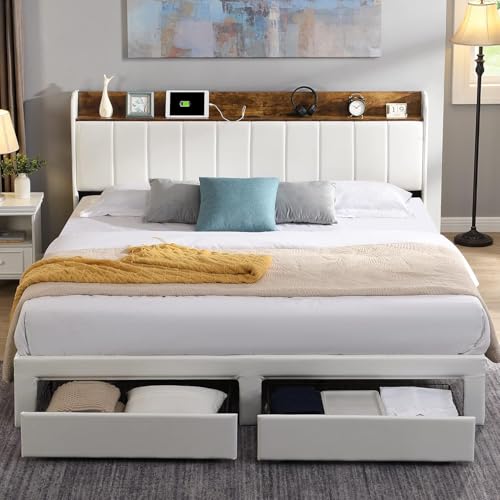 White Upholstered Queen Bed Frame with Headboard and 2 Storage Drawers H3470