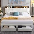 White Upholstered Queen Bed Frame with Headboard and 2 Storage Drawers H3470