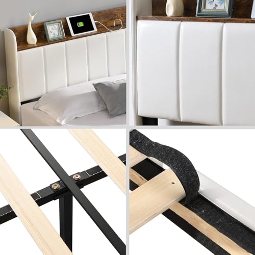 White Upholstered Queen Bed Frame with Headboard and 2 Storage Drawers H3470