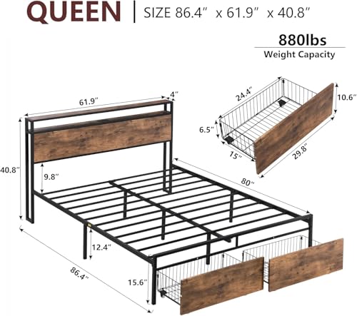 White Upholstered Queen Bed Frame with Headboard and 2 Storage Drawers H3470
