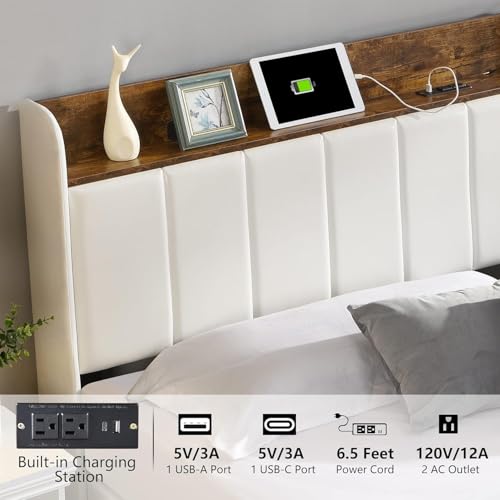 White Upholstered Queen Bed Frame with Headboard and 2 Storage Drawers H3470