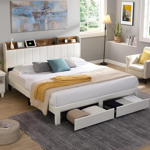 White Upholstered Queen Bed Frame with Headboard and 2 Storage Drawers H3470