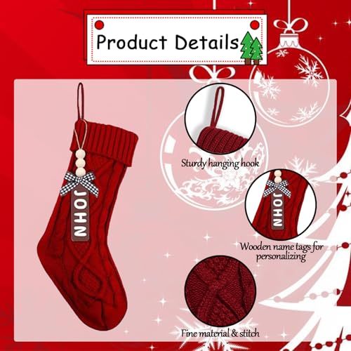 Set of 6 White Red Green 18" Cable Knitted Christmas Stockings with Wooden Name Tags D2479