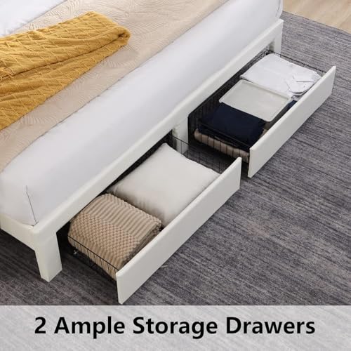 White Upholstered Queen Bed Frame with Headboard and 2 Storage Drawers H3470