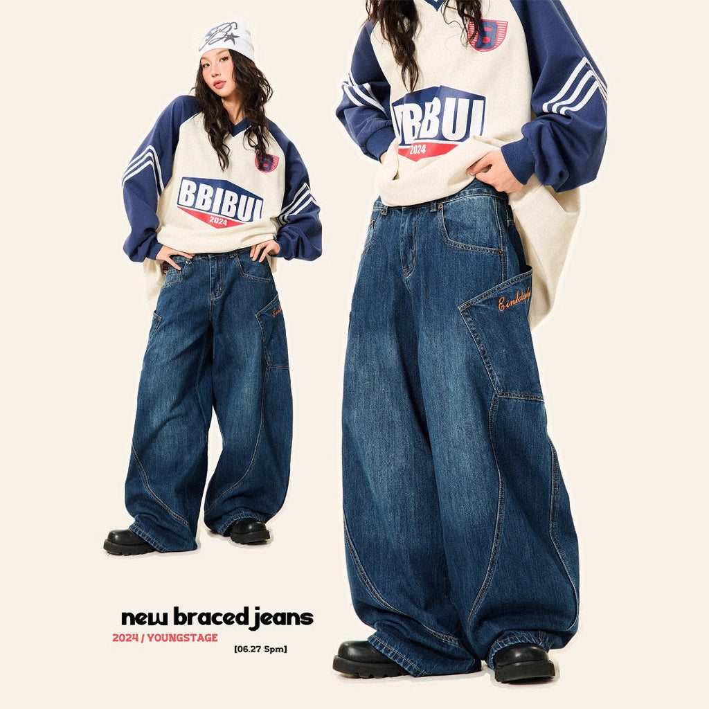 Y2K Vintage Big‑Pocket Curved Baggy Wide‑Leg Jeans Streetwear