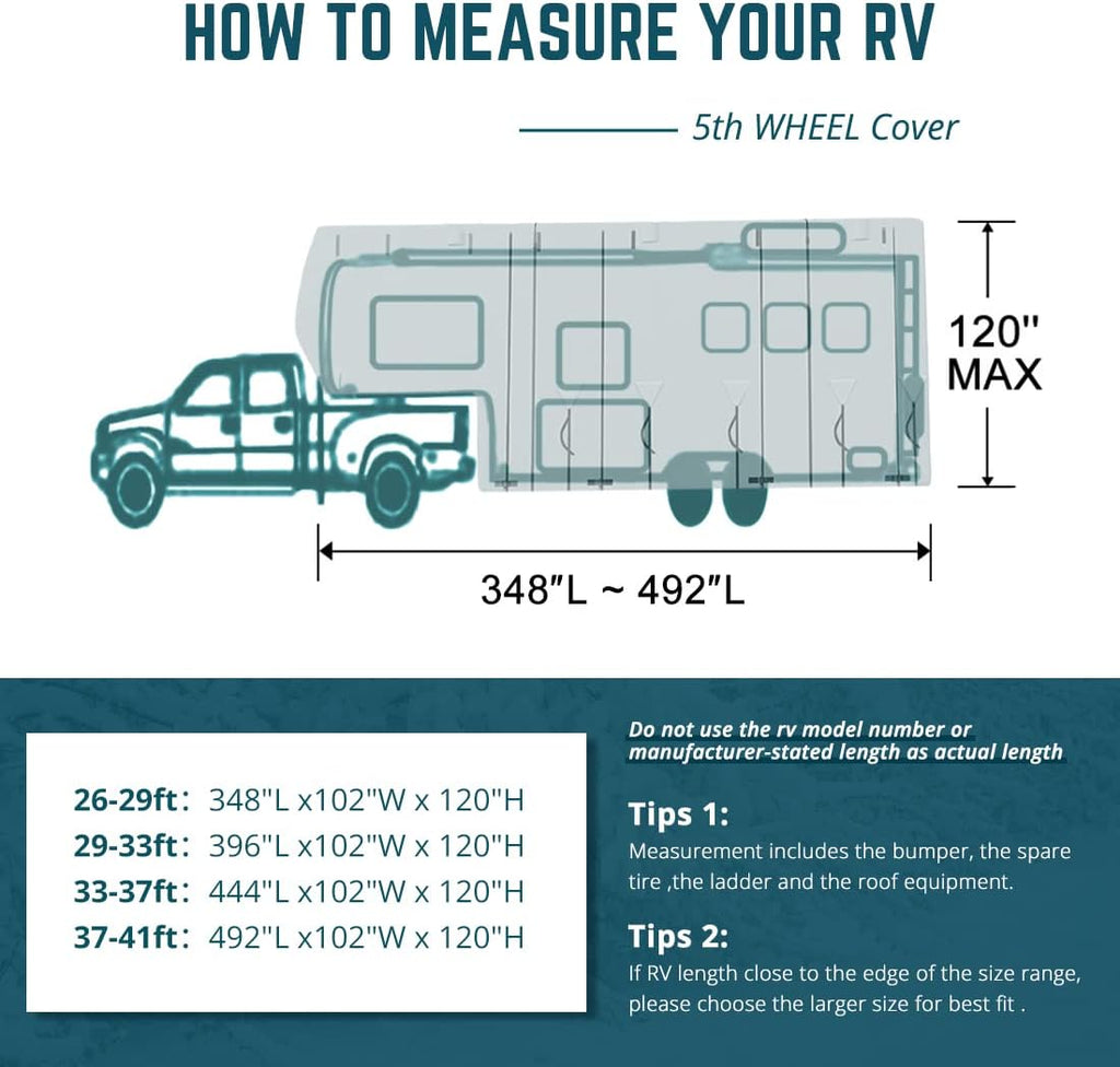 5th Wheel RV Cover with 2Pcs Extra Straps & 4 Tire Covers V3795