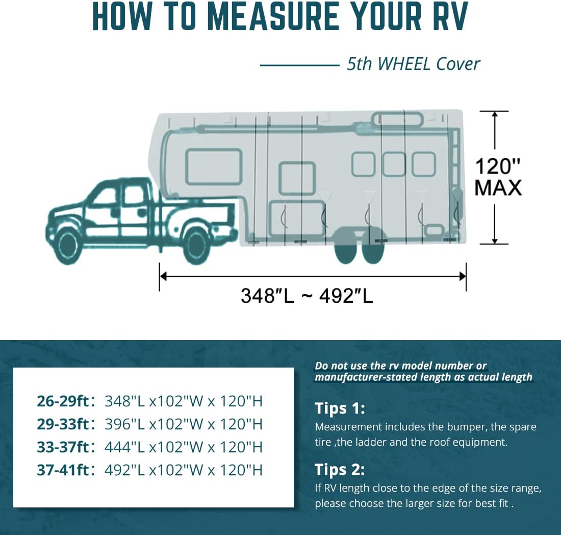 5th Wheel RV Cover with 2Pcs Extra Straps & 4 Tire Covers V3795