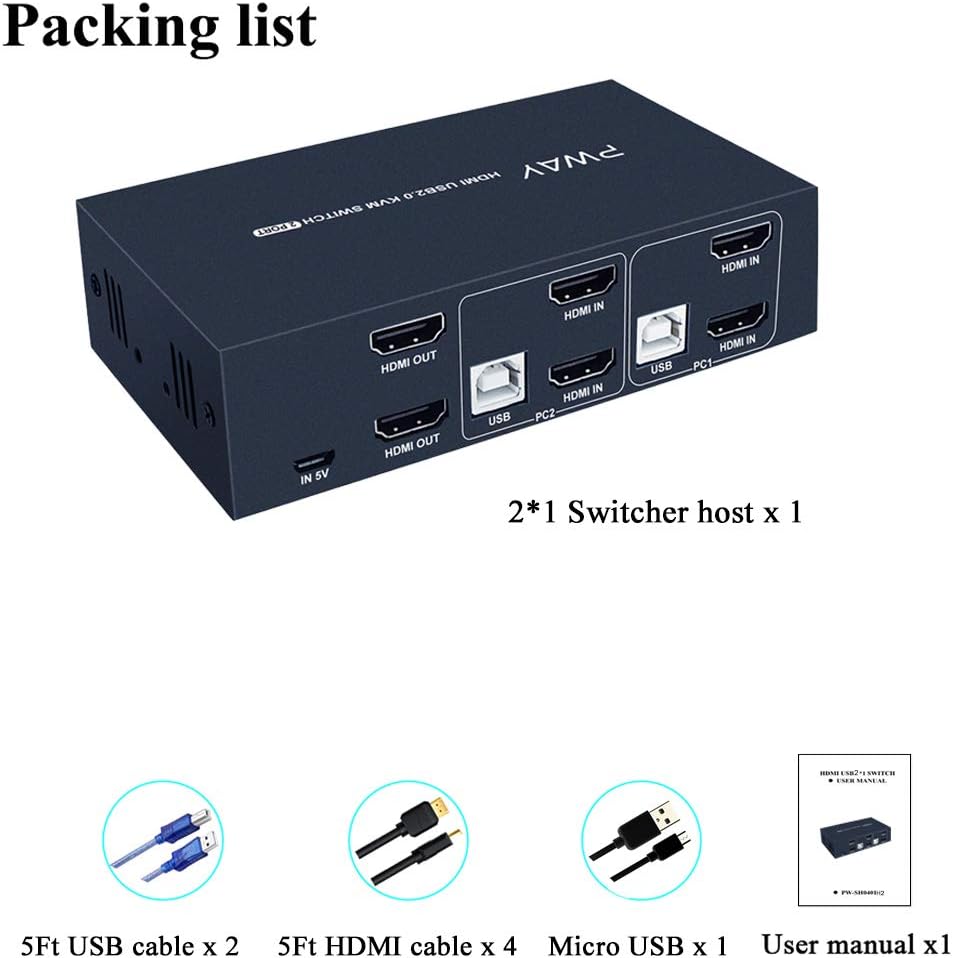 2 Port Dual Monitor KVM Switch HDMI 4K@30Hz with 4 HDMI Cables S2520