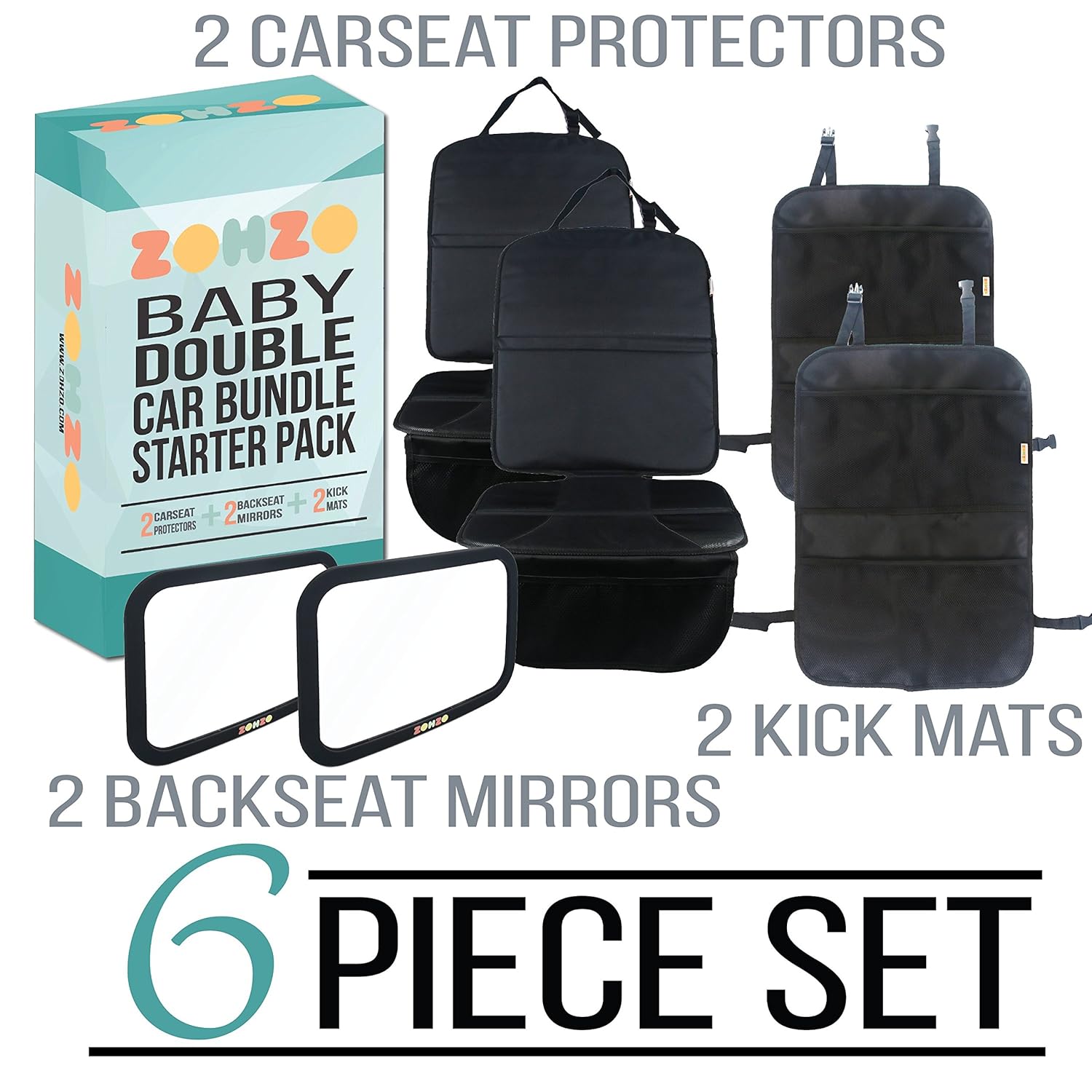 Double Baby Car Bundle - Car Seat Protector Cover, Baby Car Mirror, Kick Mat Organizer J57277