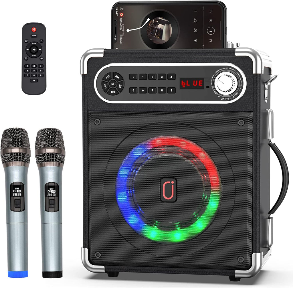 Karaoke Machine with Two Wireless Microphones, Portable Bluetooth Speaker with LED Lights X164