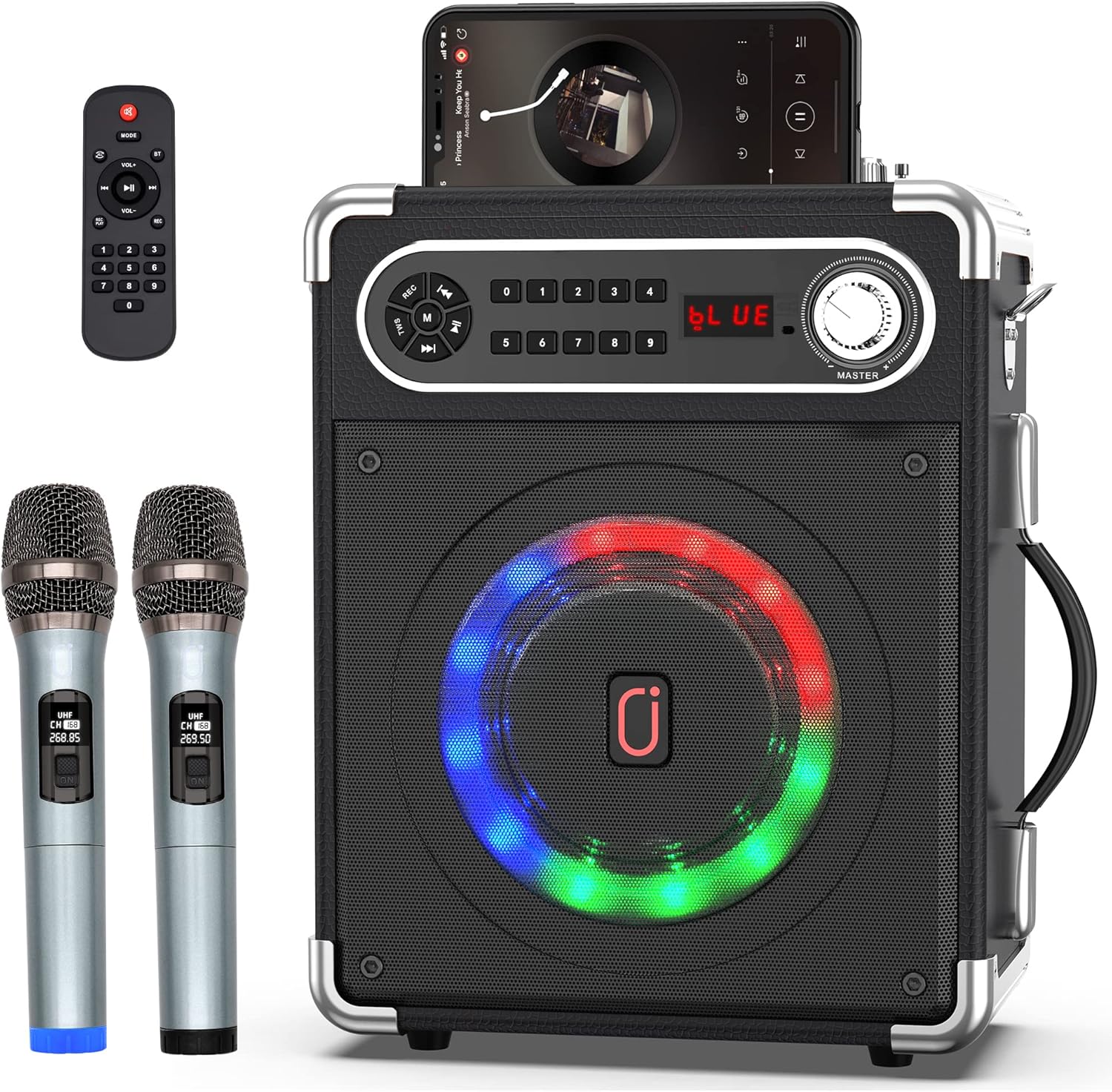Karaoke Machine with Two Wireless Microphones, Portable Bluetooth Speaker with LED Lights X164