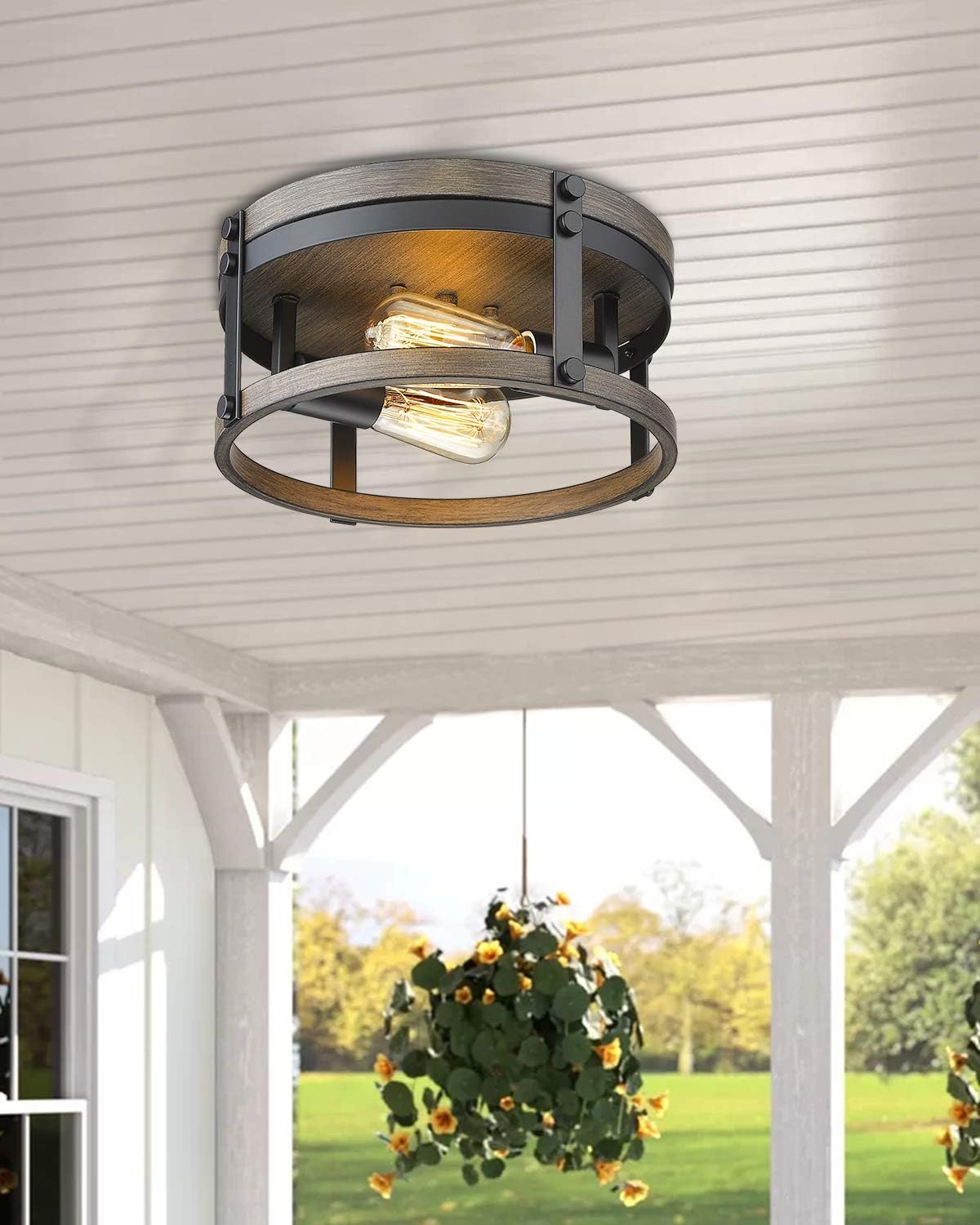 2-Light Farmhouse Flush Mount Ceiling Light, 12 inch, Round Cage, Black & Wood Grain Texture Finish O530