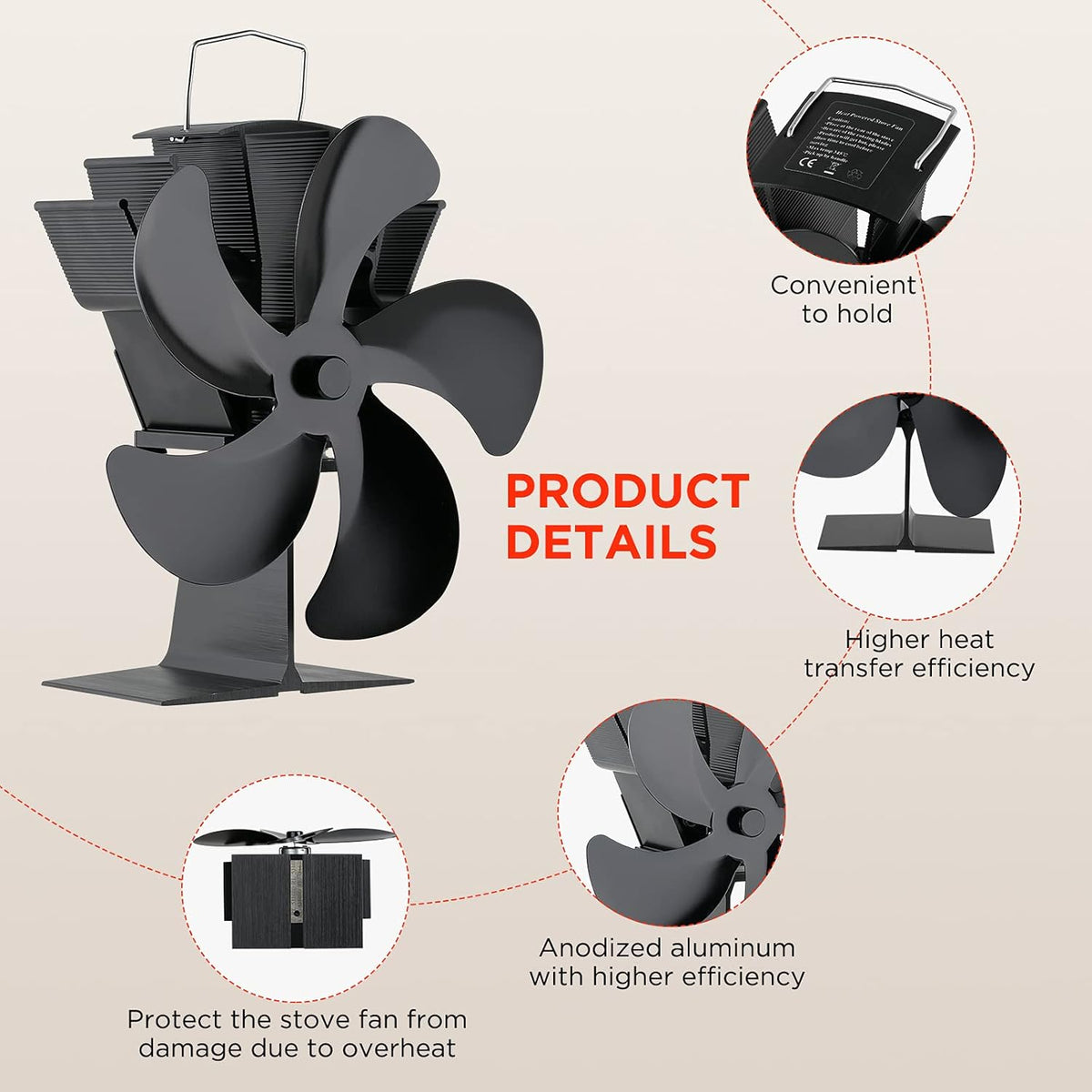 5-Blade Heat Powered Stove Fan, Pack of 2 S19385