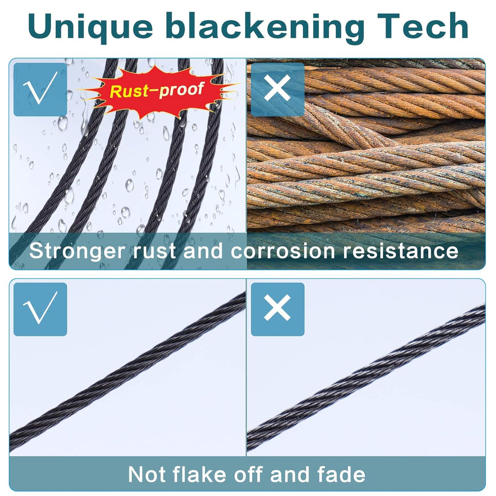 250ft 1/8 Black Wire Rope T316 Stainless Steel Marine Grade 7x7 Strand U775914