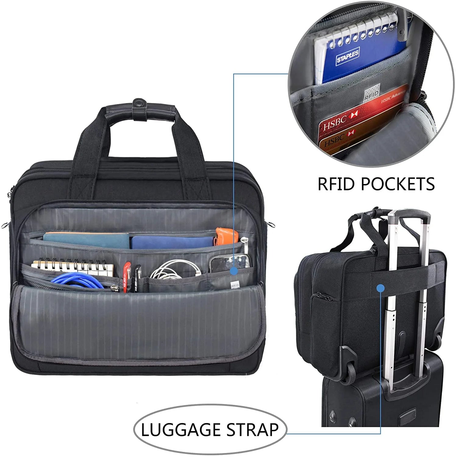 Rolling Laptop Bag Briefcase for 17.3" Laptop, Black T235