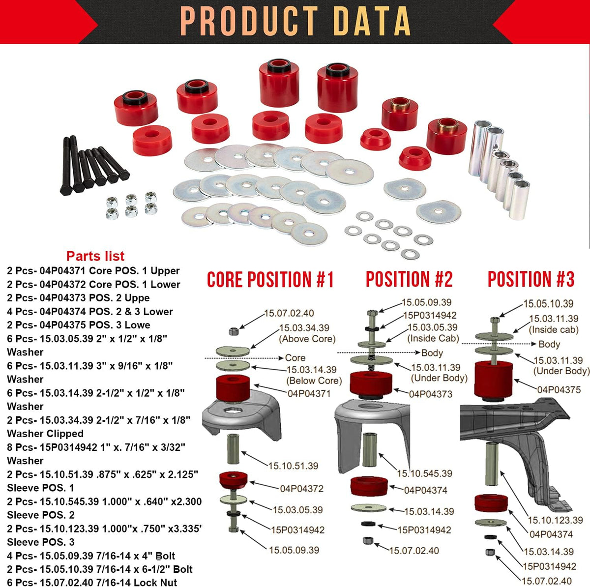 Red Polyurethane Body Mount Bushing Set Kit for Ford F150 F250 F350 R28123