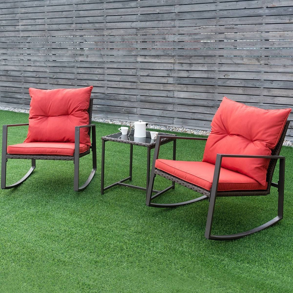 3-Piece Red Patio Wicker Bistro Furniture Set with 2 Rocking Chairs B1864