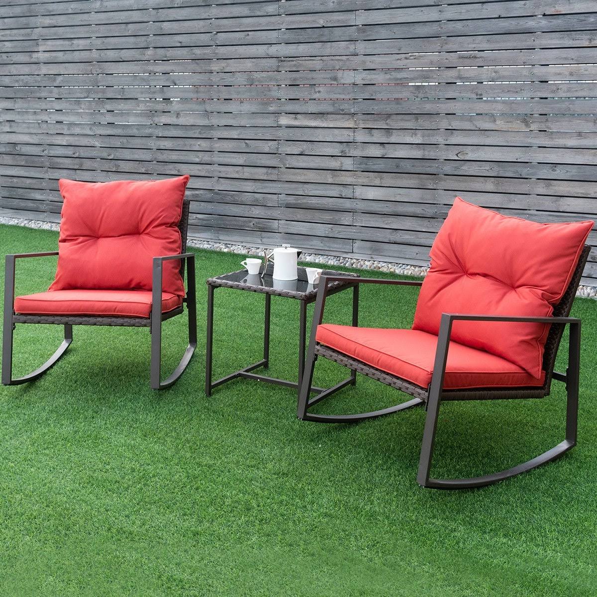 3-Piece Red Patio Wicker Bistro Furniture Set with 2 Rocking Chairs B1864