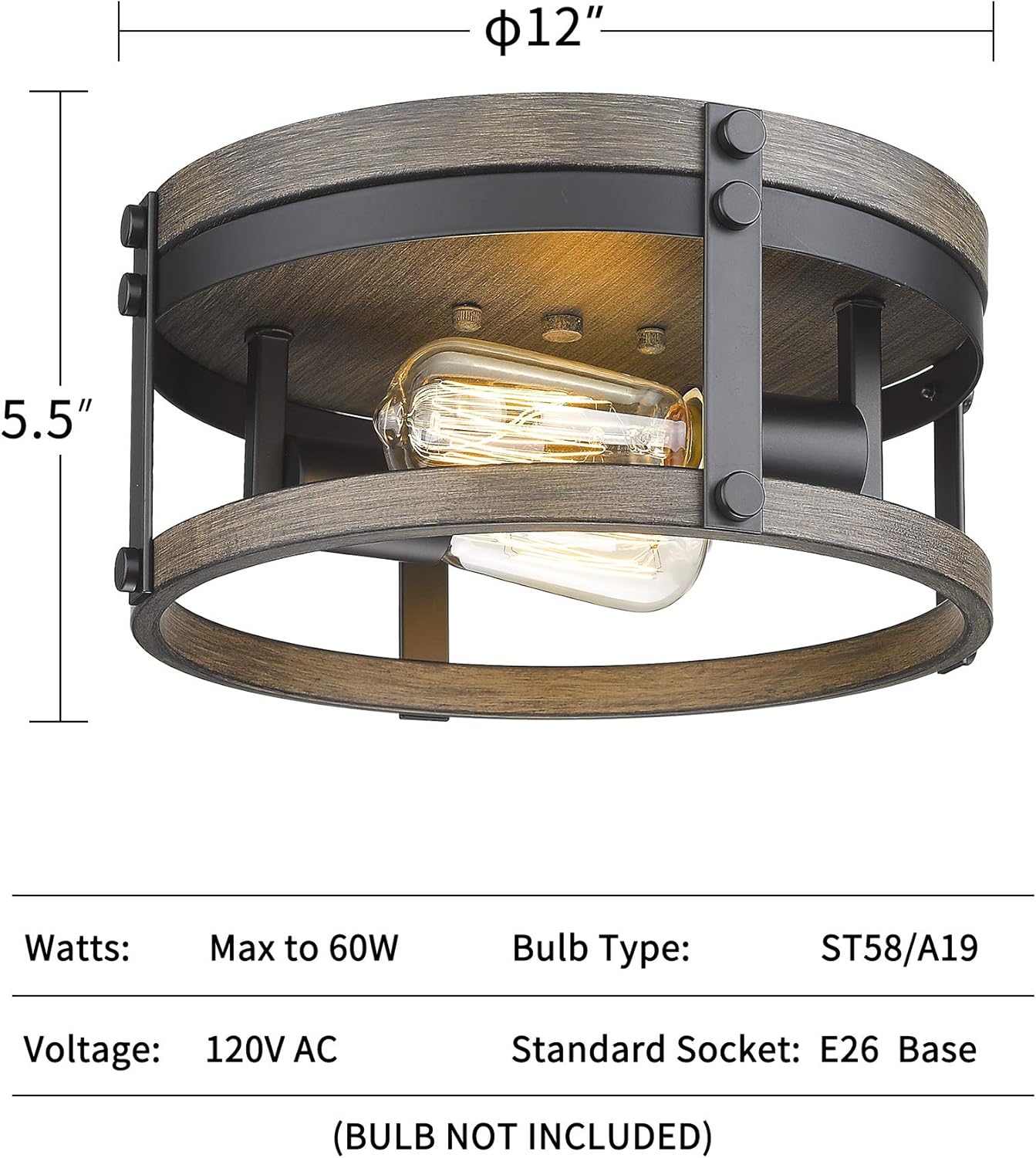 2-Light Farmhouse Flush Mount Ceiling Light, 12 inch, Round Cage, Black & Wood Grain Texture Finish O530