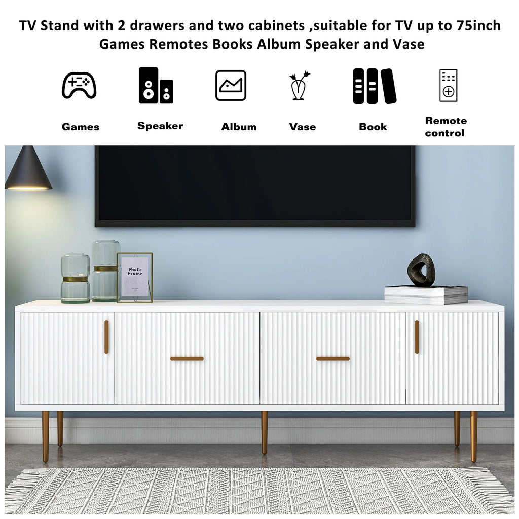 White Wood TV Stand with 5 Champagne Legs U621