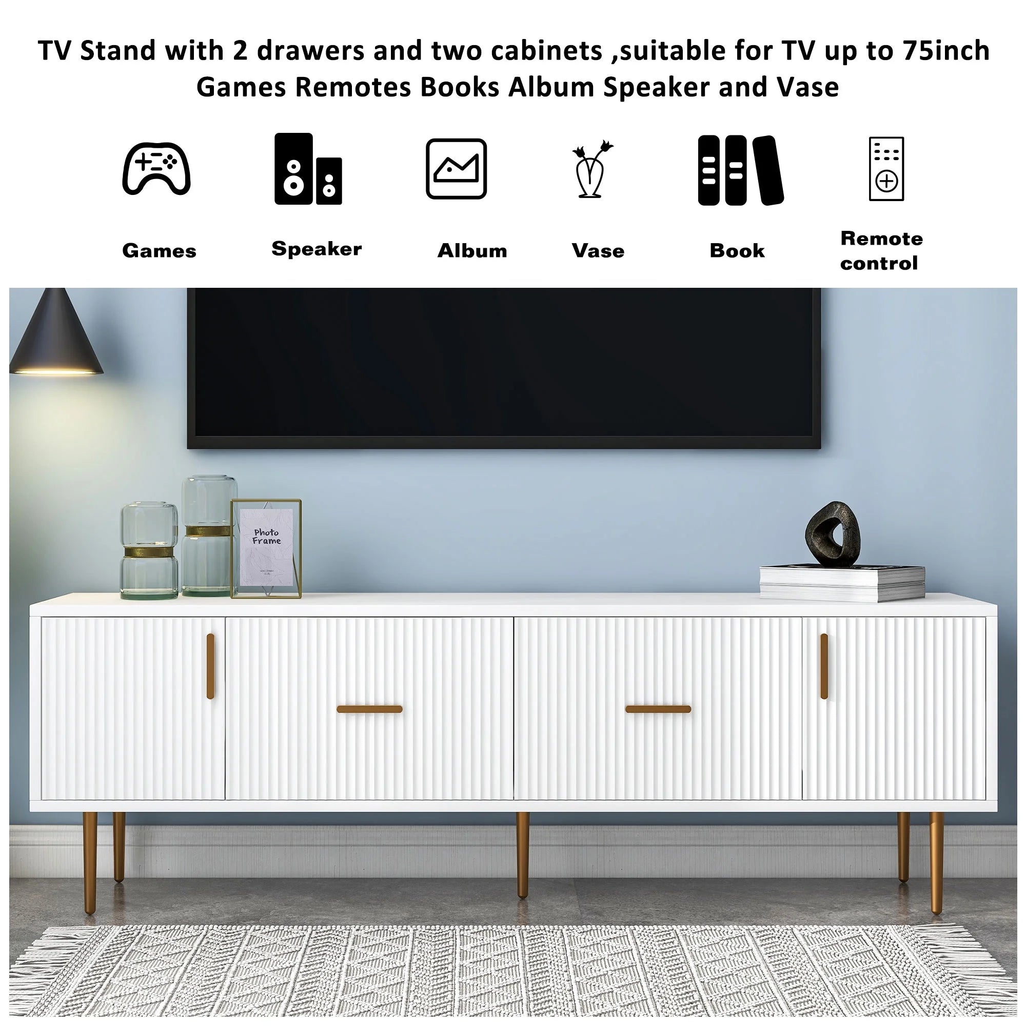 White Wood TV Stand with 5 Champagne Legs U621