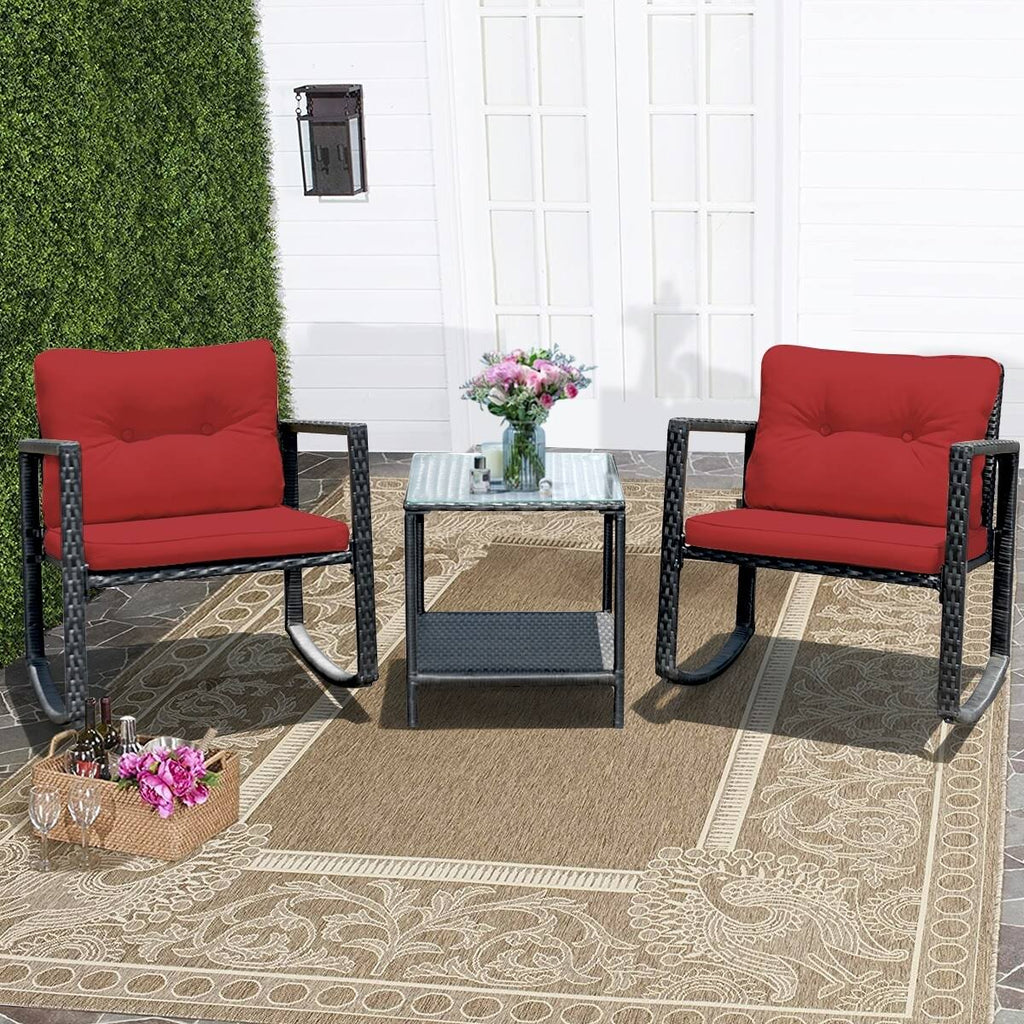 3-Piece Red Patio Wicker Bistro Furniture Set with 2 Rocking Chairs B1864