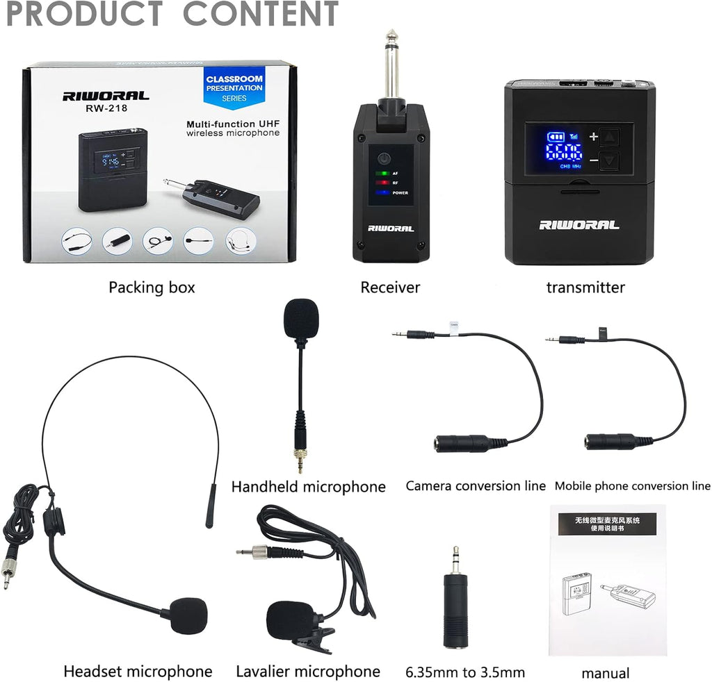 UHF Wireless Microphone System with Lavalier Mic, Headset Mic, Handheld Mic Transmitter & Receiver B195