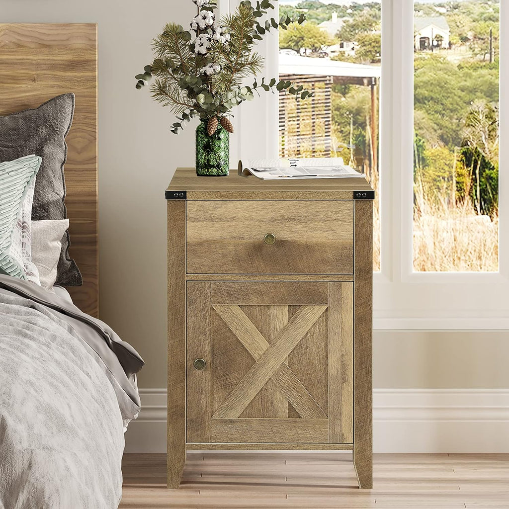 Rustic Oak End Table with Cabinet and Drawer C4238